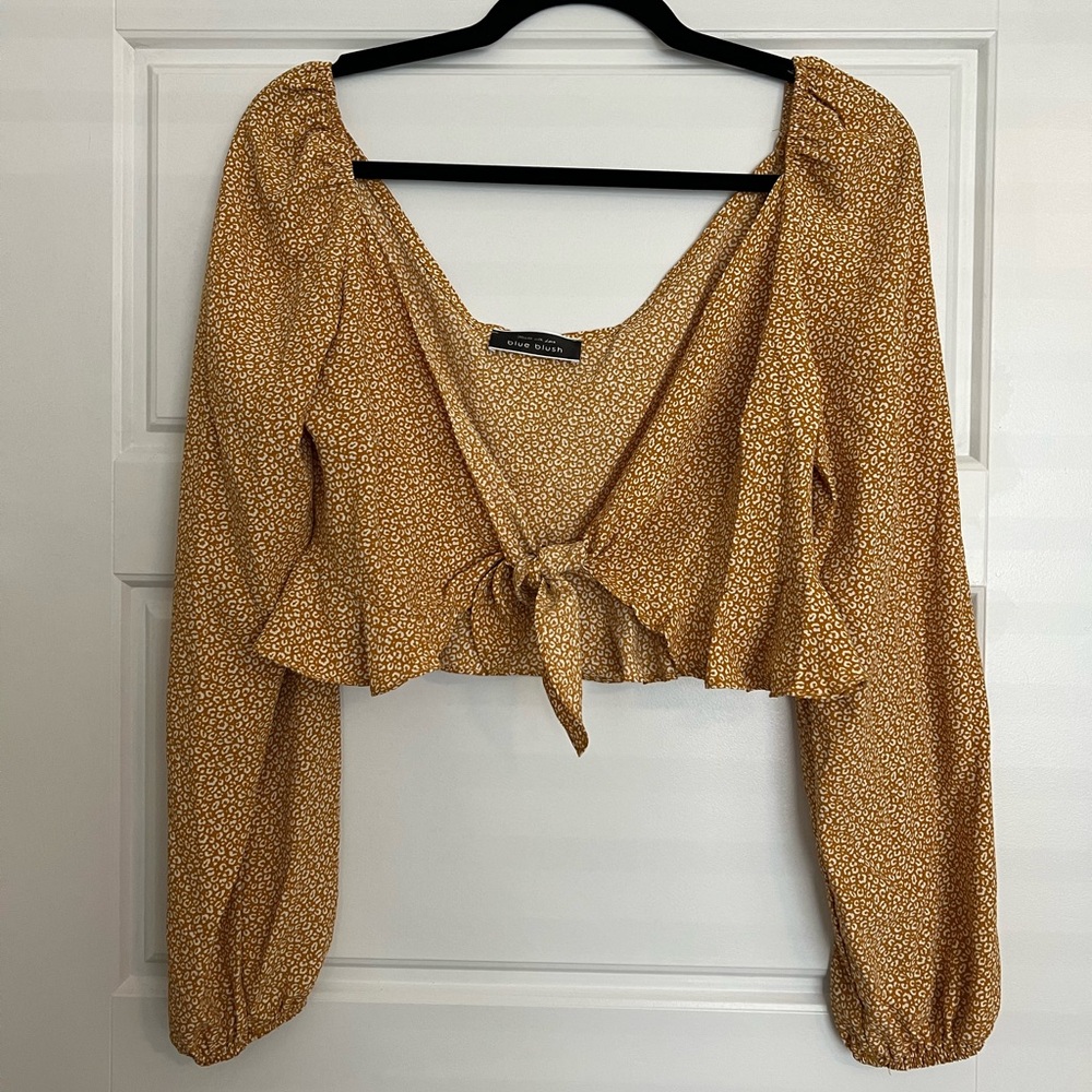 Mustard Yellow tie front long sleeve crop top